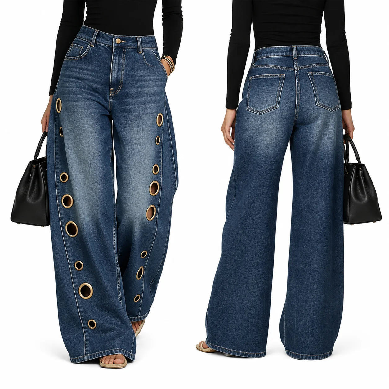 Women High Waist Wide Leg Denim Jeans With Side Eyelet Cutouts