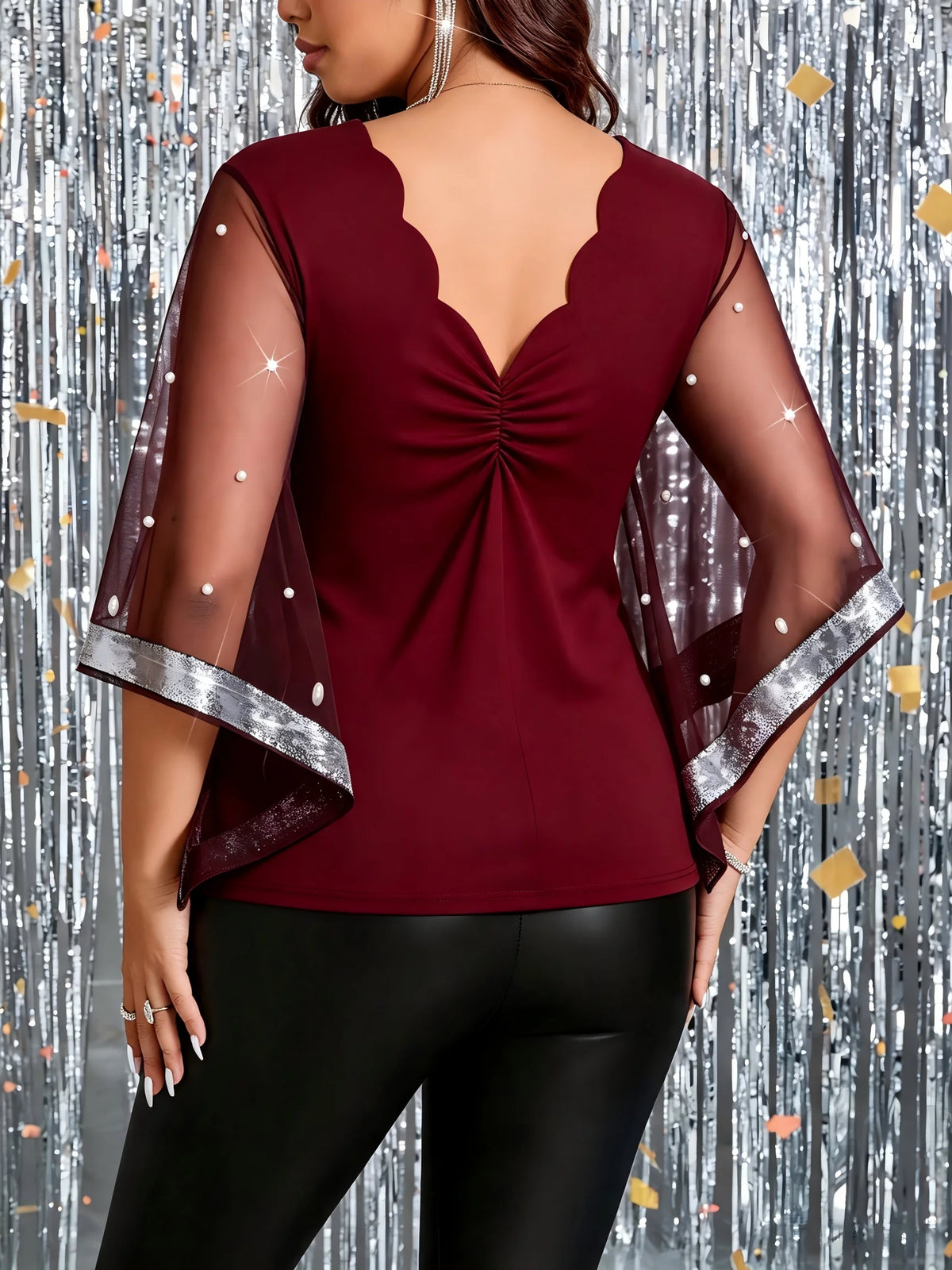 Scallop V Neck Mesh Bell Sleeve Pearl Beaded Party Blouse