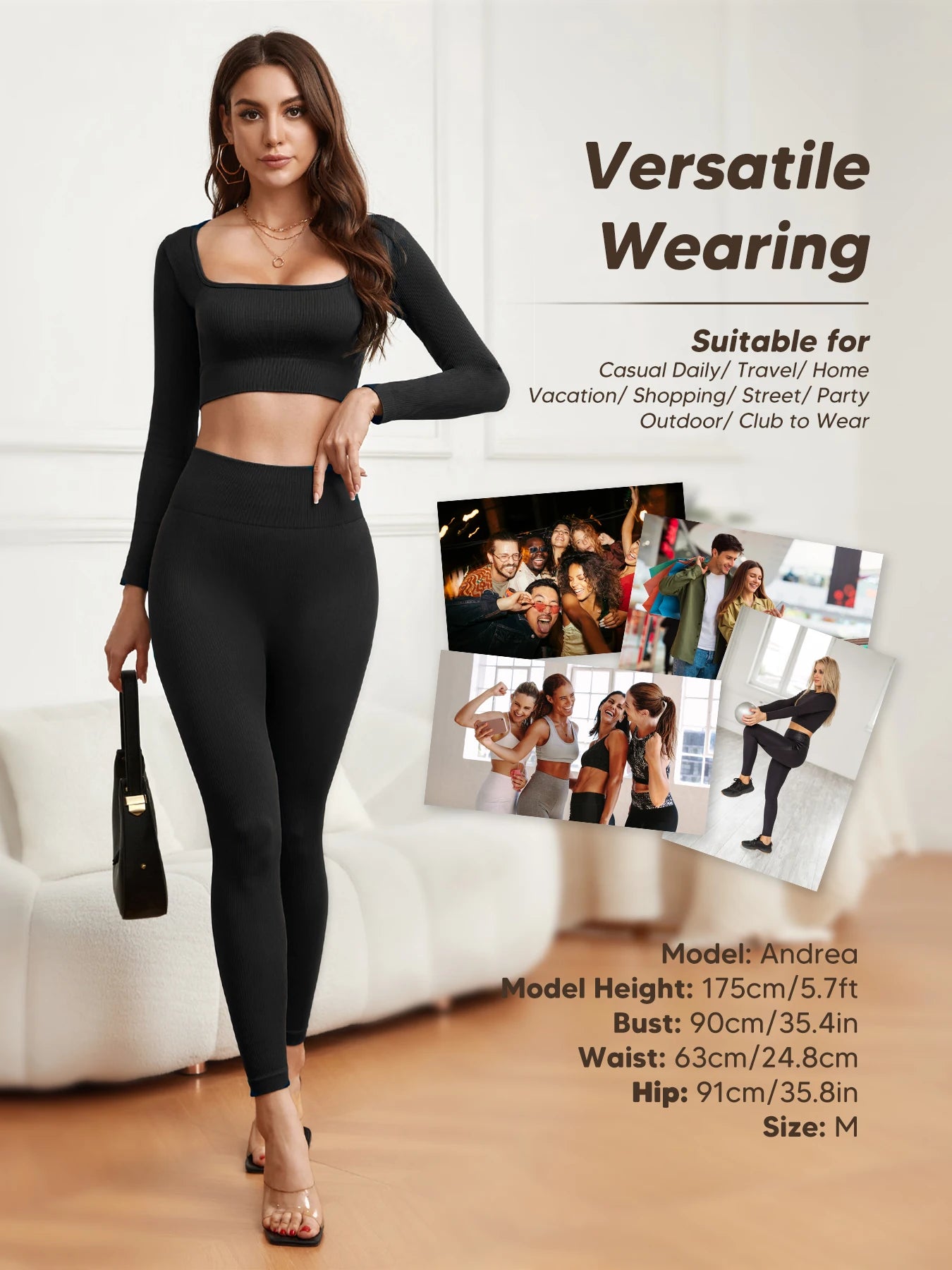Women 2 Piece Long Sleeve Yoga Outfit High Waist Leggings