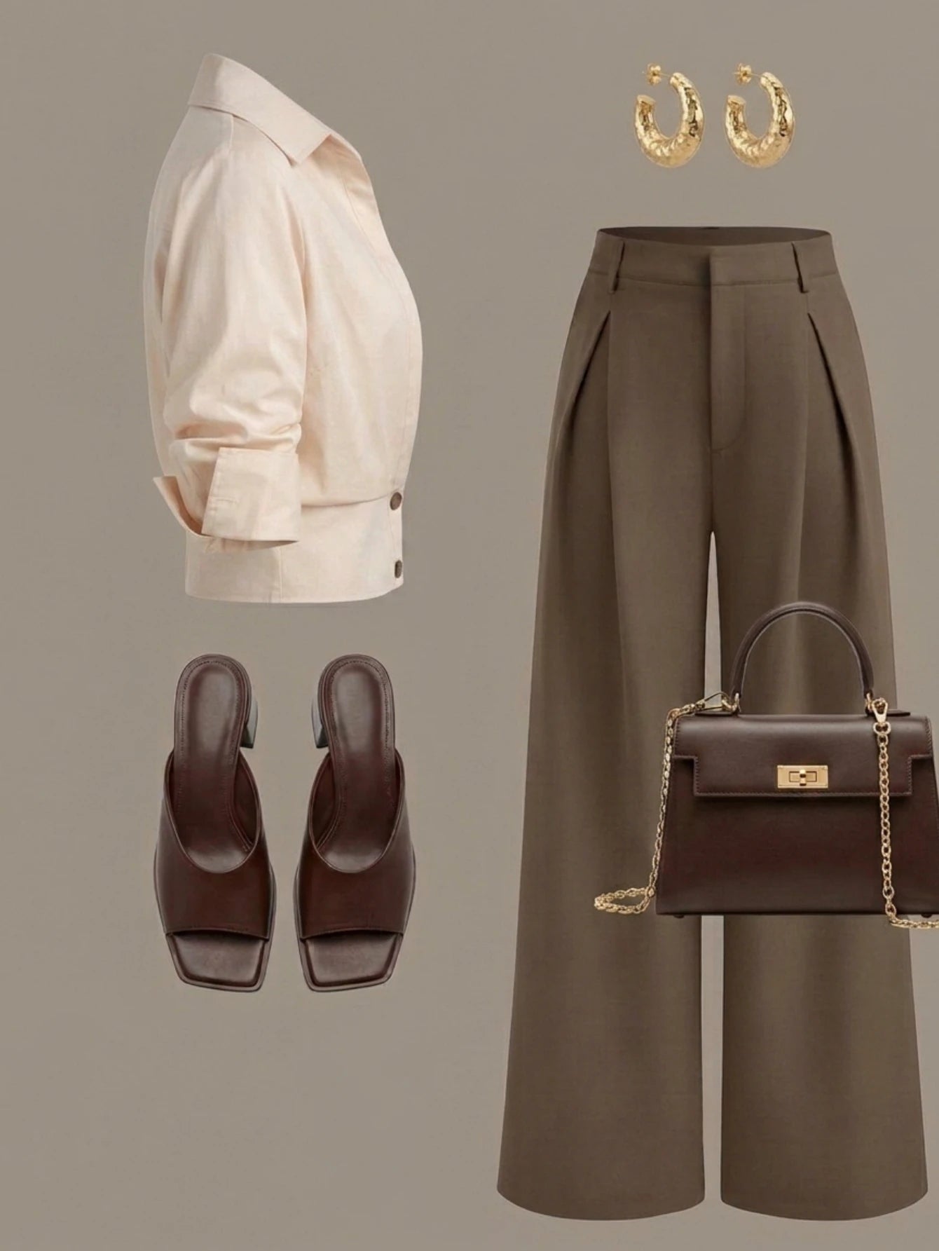 Women Lapel Button Crop Shirt and Wide Leg Trousers Outfit