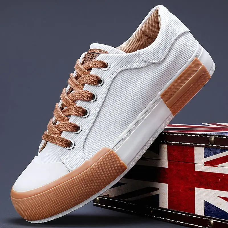 Mens Breathable Leather Canvas Lace Up Vulcanized Sneakers