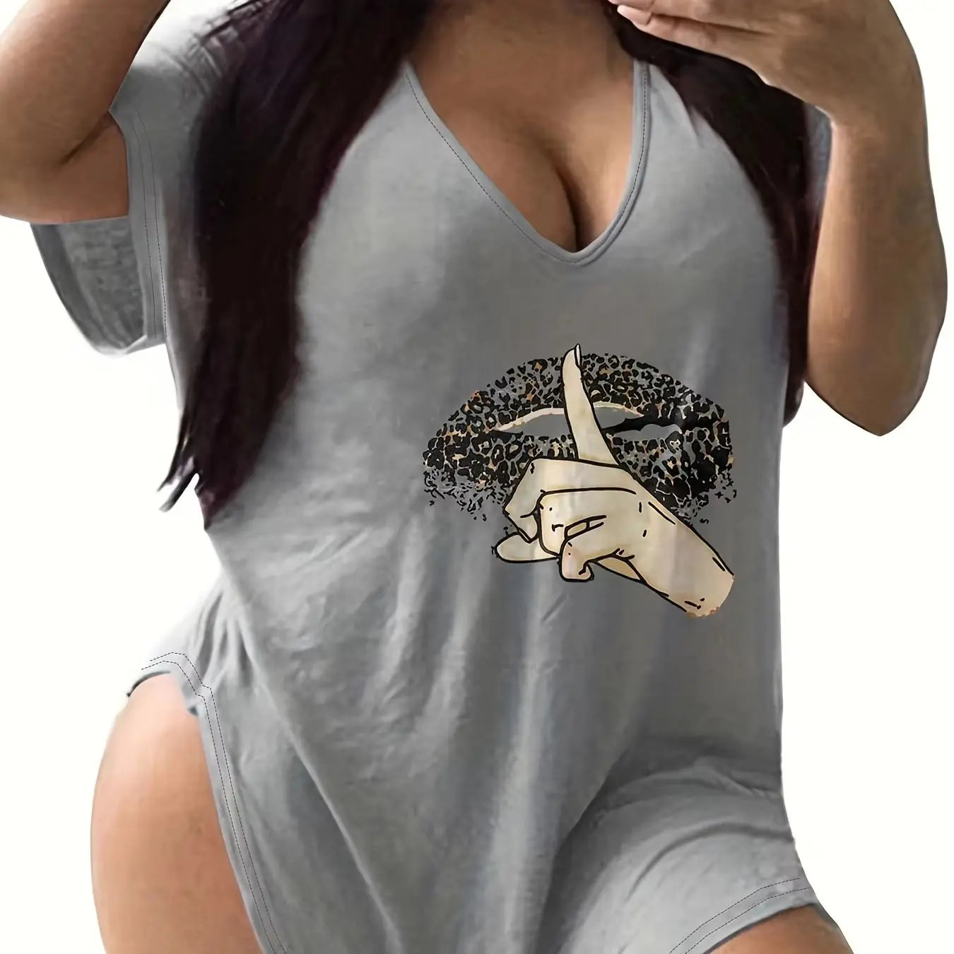 Leopard Lips Womens V Neck Loose Casual Short Sleeve Tshirt