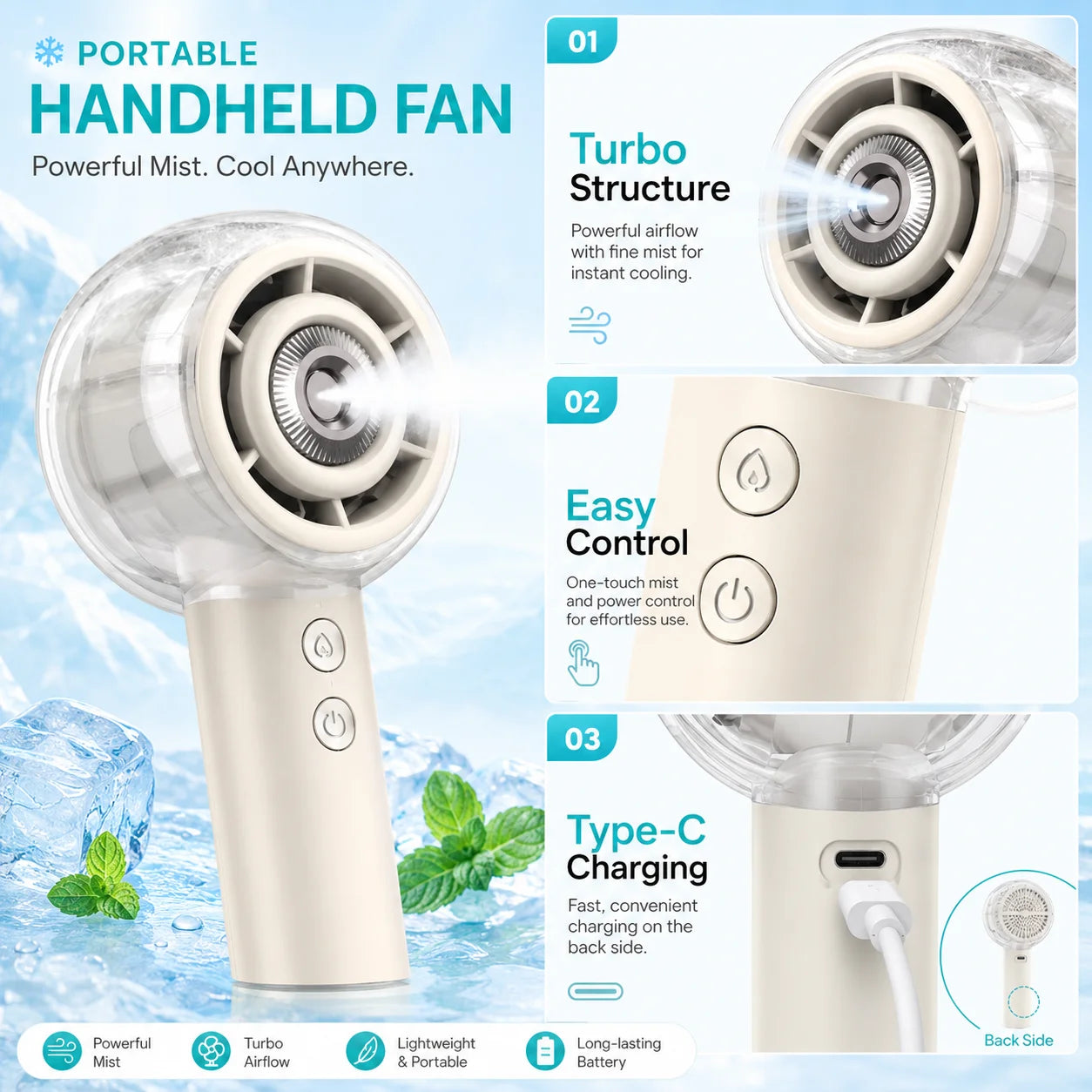 Portable Handheld Misting Fan With 6000 Mah Battery