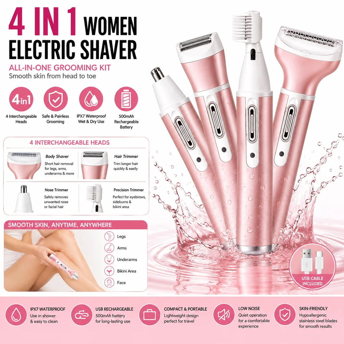 Rechargeable 4 In 1 Womens Waterproof Electric Shaver And Trimmer