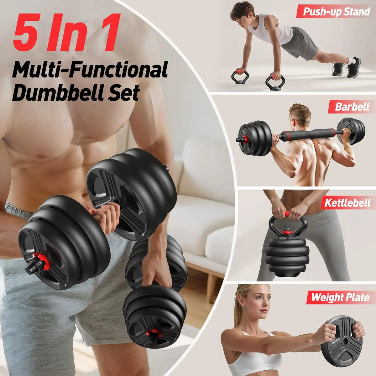 FED Fitness 5 In 1 Adjustable Dumbbell Barbell Kettlebell Set