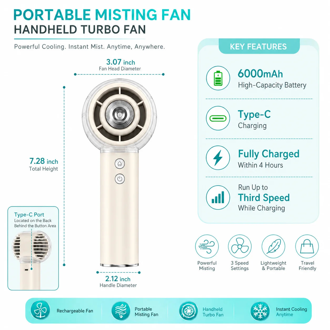 Portable Handheld Misting Fan With 6000 Mah Battery