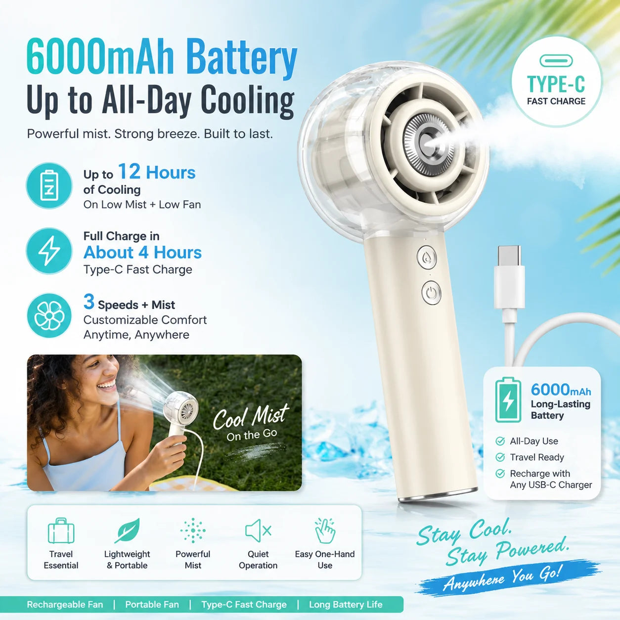 Portable Handheld Misting Fan With 6000 Mah Battery