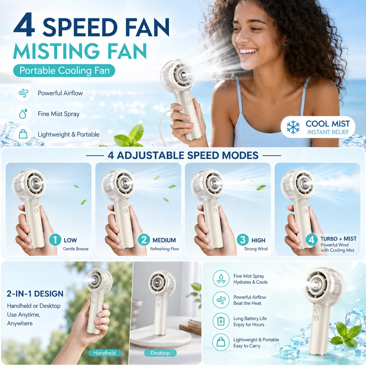 Portable Handheld Misting Fan With 6000 Mah Battery