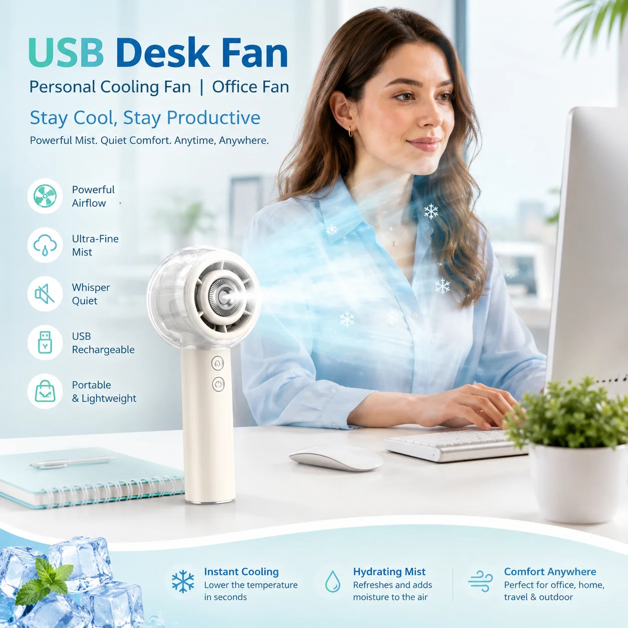 Portable Handheld Misting Fan With 6000 Mah Battery