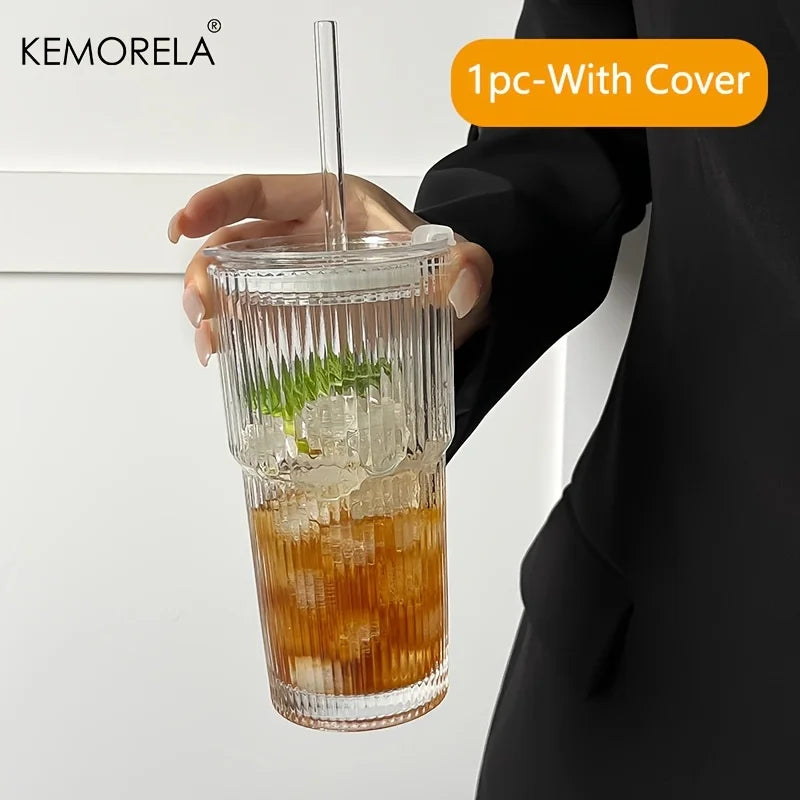 KEMORELA Striped Glass Coffee Cup With Lid For Iced Drinks
