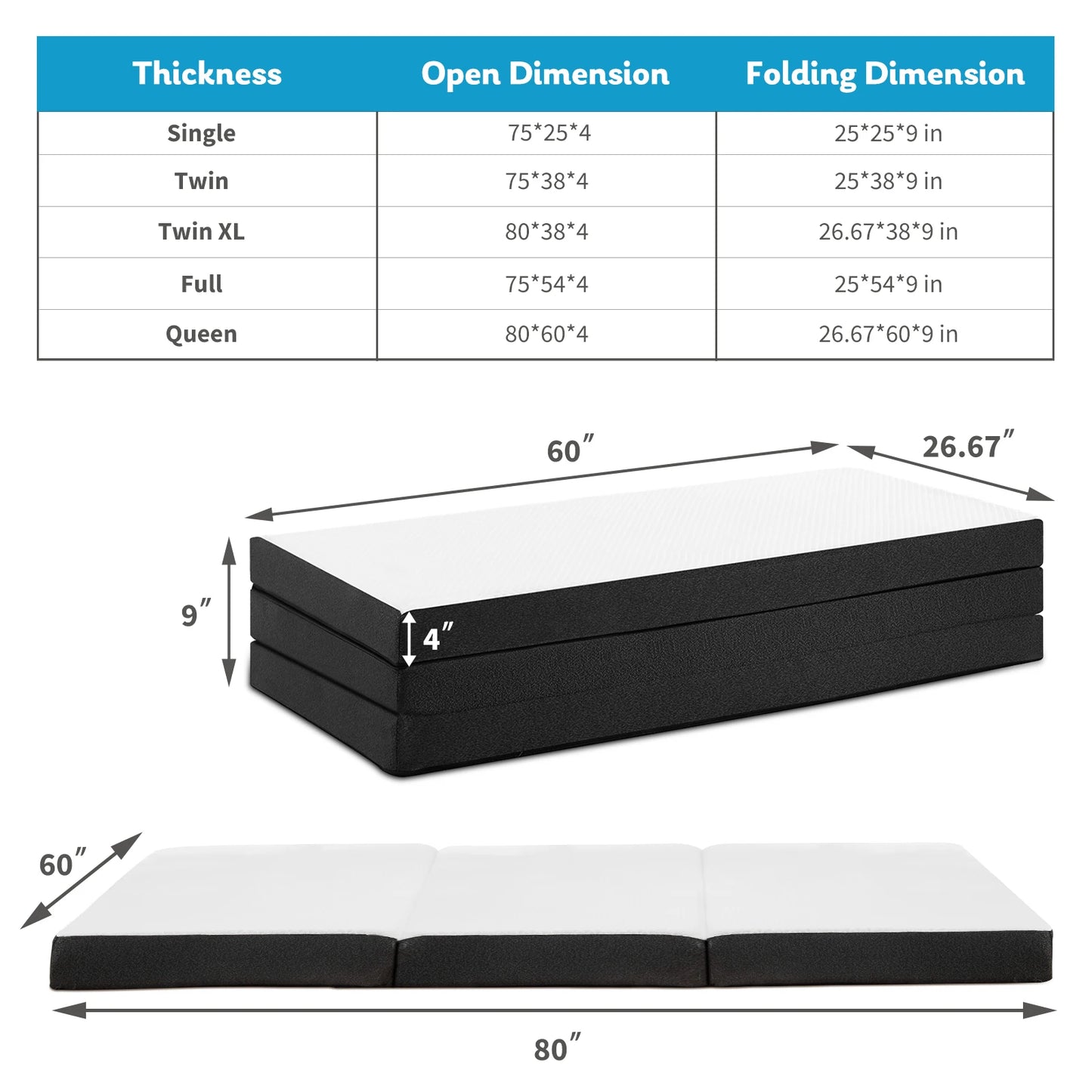 JHK Three Fold Portable Floor Bed With Memory Foam And Soft Touch