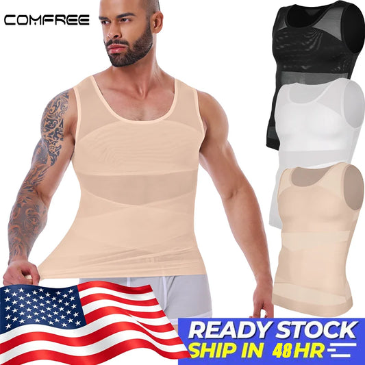 LALAMELON Mens Shapewear Tank Top Cross Mesh Body Shaper Breathable