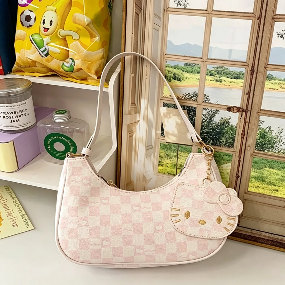 Mesuca Checkerboard PU Leather Shoulder Bag With Cartoon Pendant