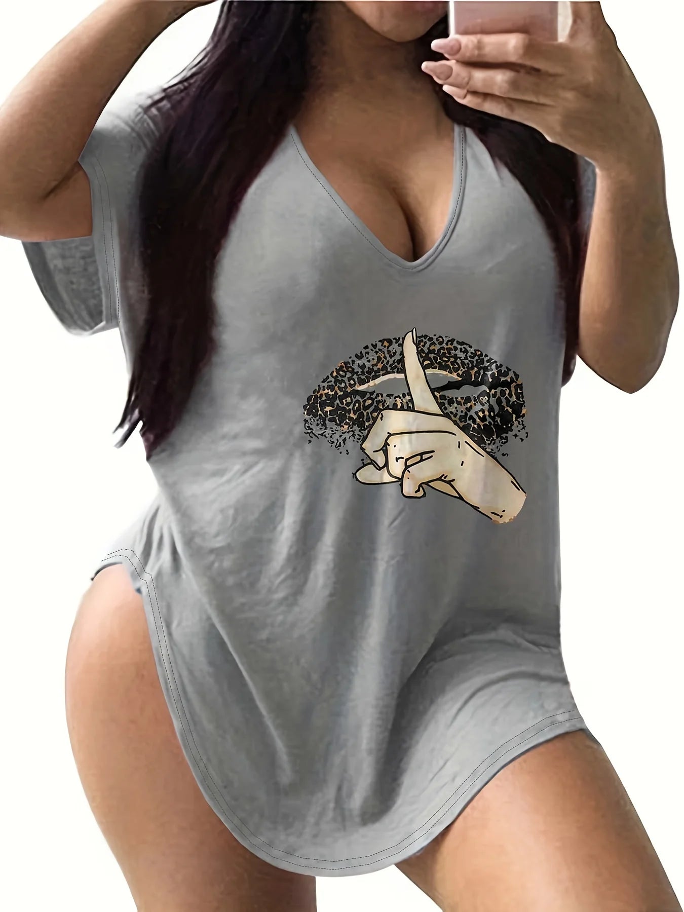Leopard Lips Womens V Neck Loose Casual Short Sleeve Tshirt
