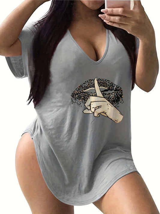 Leopard Lips Womens V Neck Loose Casual Short Sleeve Tshirt