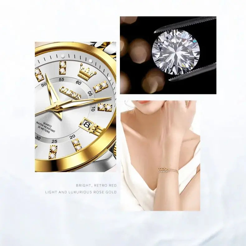 OLEVS Womens Luxury Diamond Quartz Watch With Calendar Waterproof