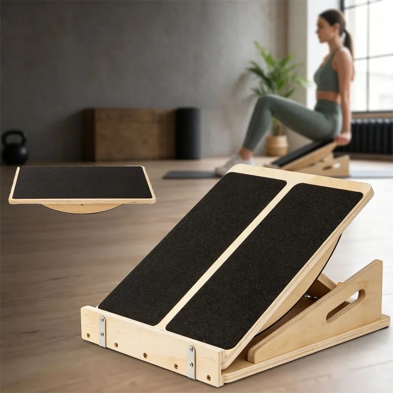Wooden Balance Board And Adjustable Calf Stretcher For Physical Therapy