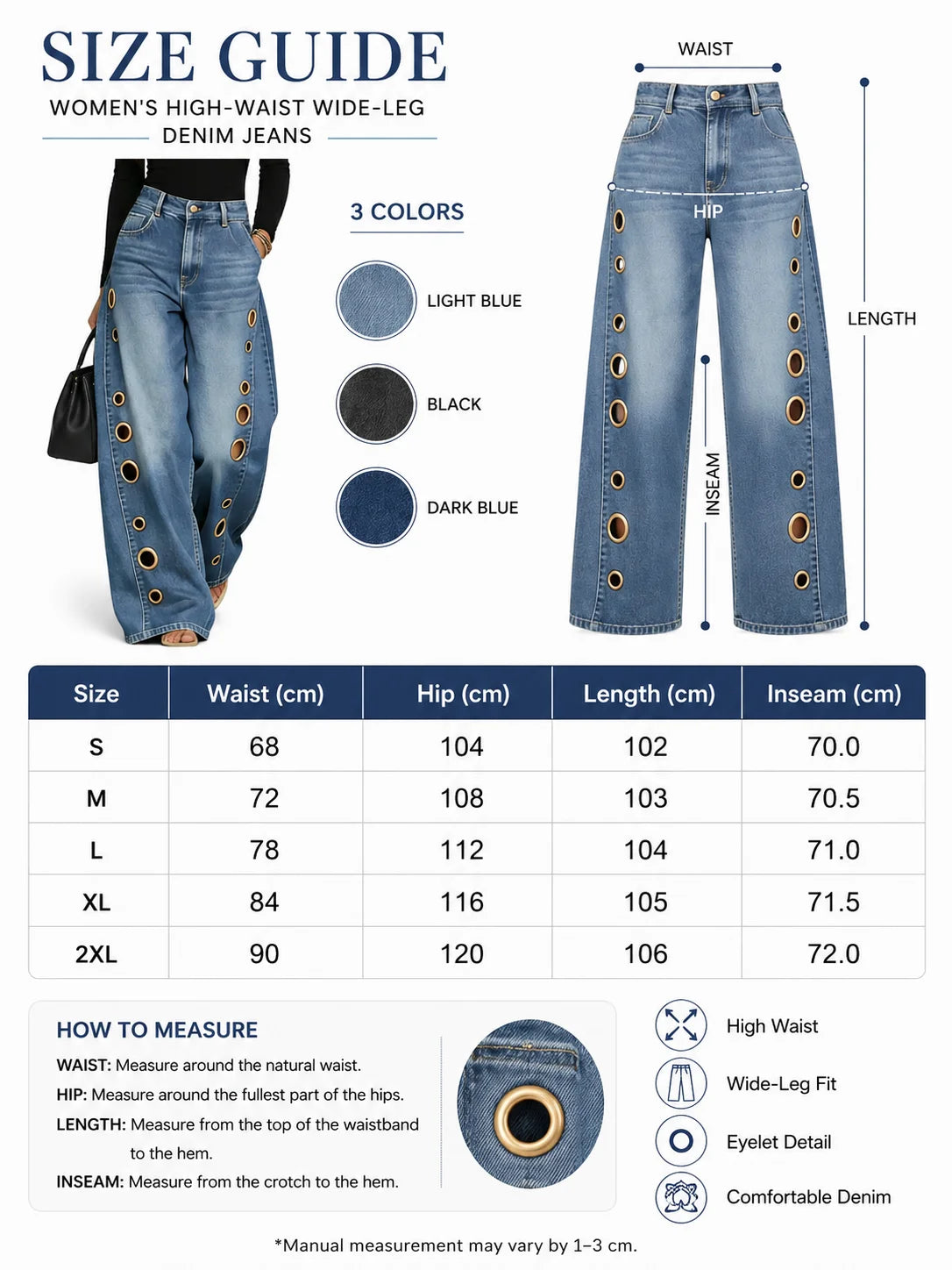 Women High Waist Wide Leg Denim Jeans With Side Eyelet Cutouts