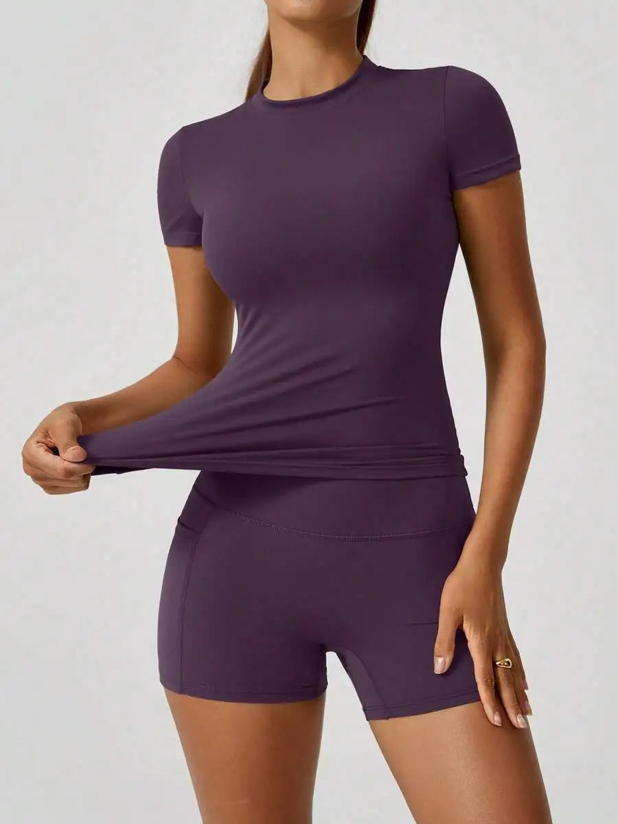 Women Sports Short Sleeve High Waist Tummy Control Shorts Set