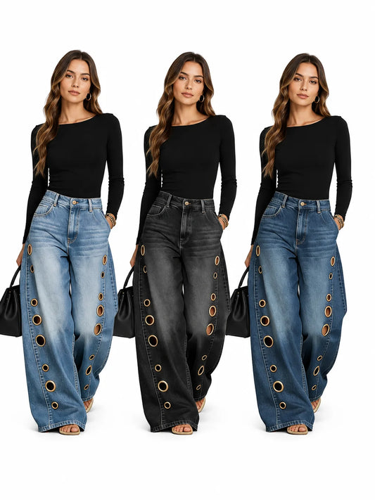 Women High Waist Wide Leg Denim Jeans With Side Eyelet Cutouts