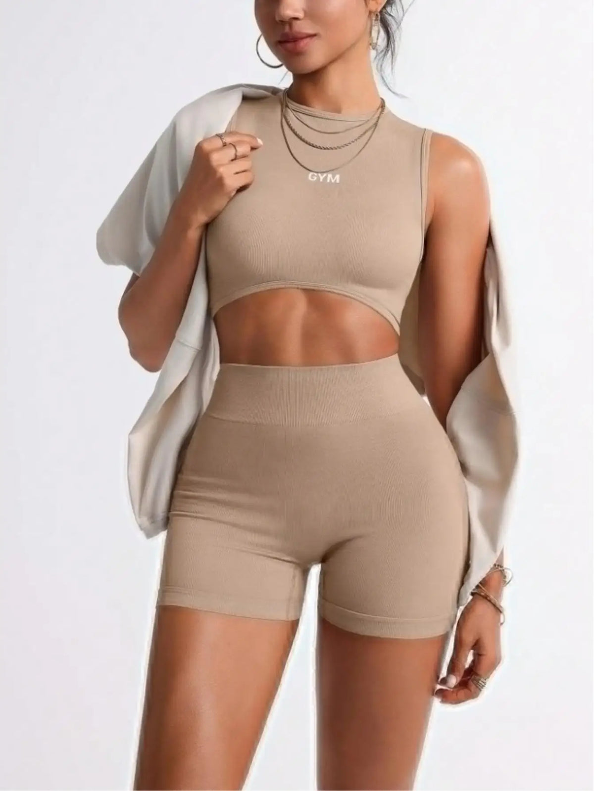 Seamless Womens Two Piece Workout Set Crop Tank Biker Shorts