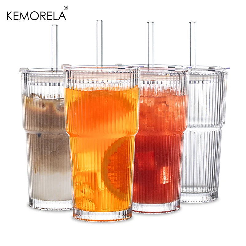 KEMORELA Striped Glass Coffee Cup With Lid For Iced Drinks