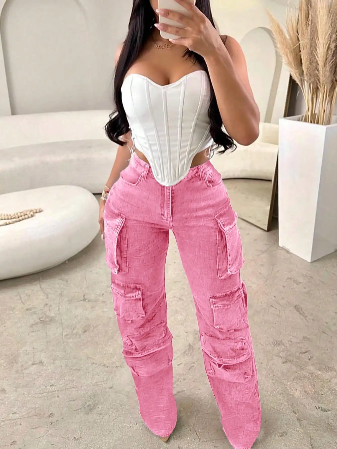 Women's Cargo Jeans High-Rise Pear-Shaped Wide-Leg Pants With Pockets
