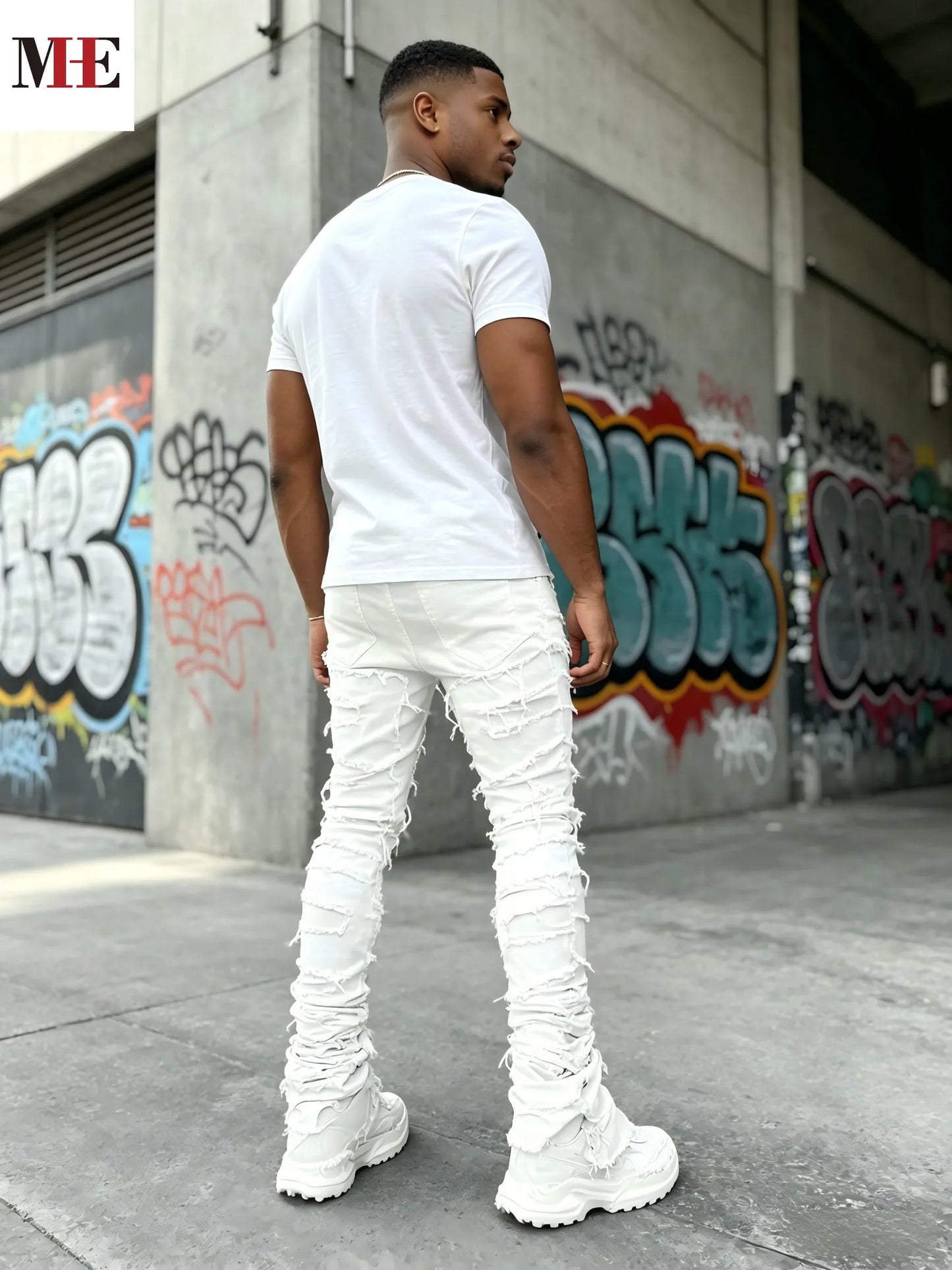 HME Mens Slim Flared Denim Jeans With Ripped Frayed Details