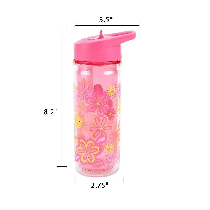 Flower Double Wall Insulated Reusable Plastic Water Bottle With Straw