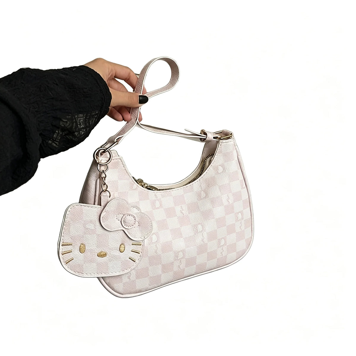 Mesuca Checkerboard PU Leather Shoulder Bag With Cartoon Pendant