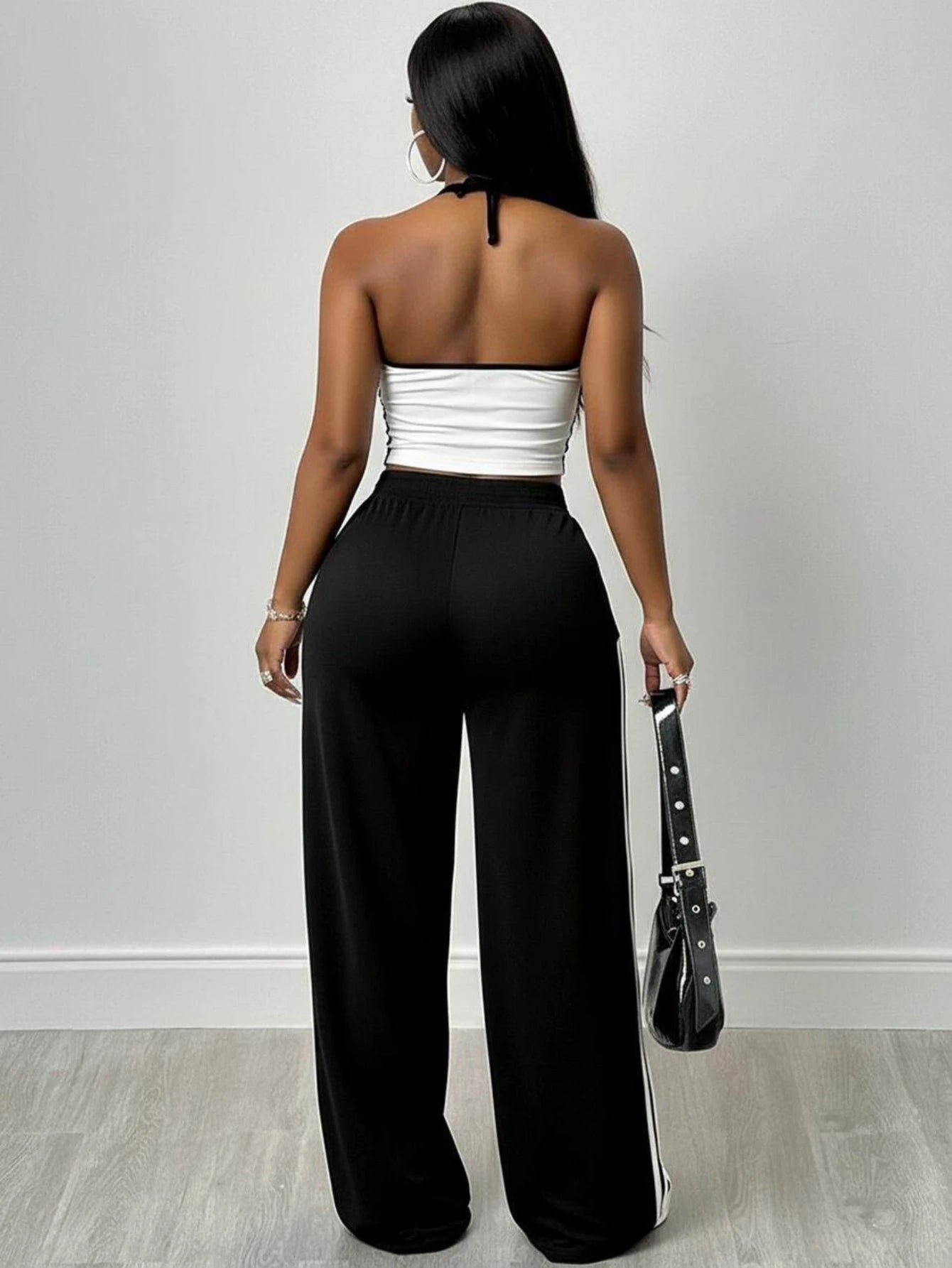 Women Striped Knit Halter Crop Top And Wide Leg Pants
