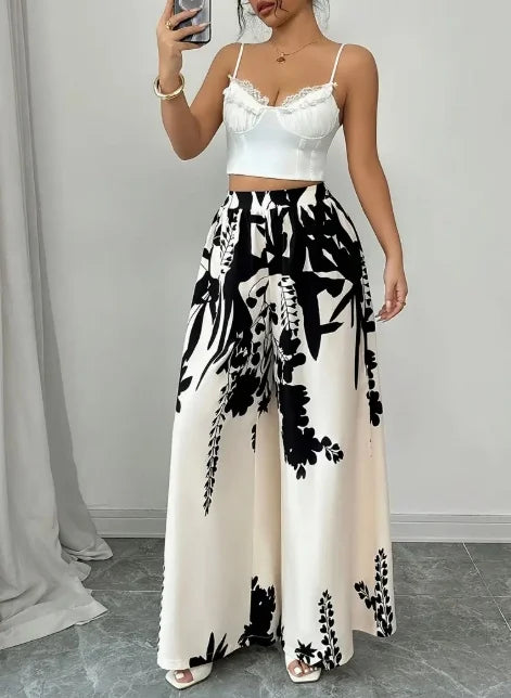 Women Floral Print Wide Leg Palazzo Pants With Elastic Waist