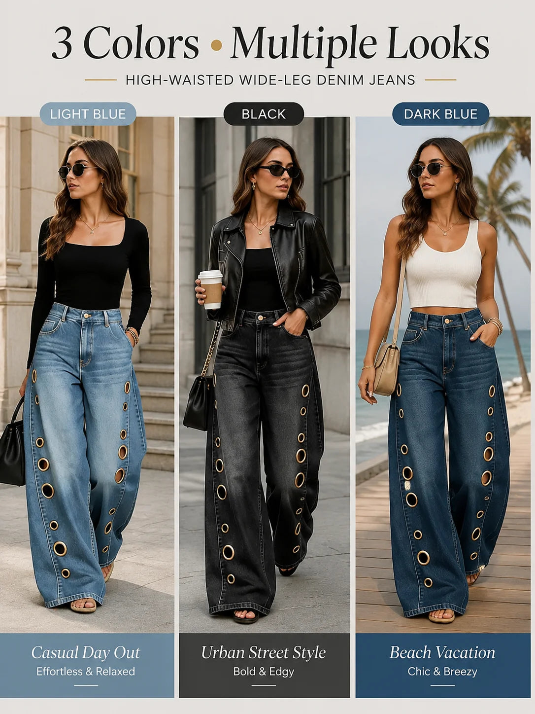 Women High Waist Wide Leg Denim Jeans With Side Eyelet Cutouts