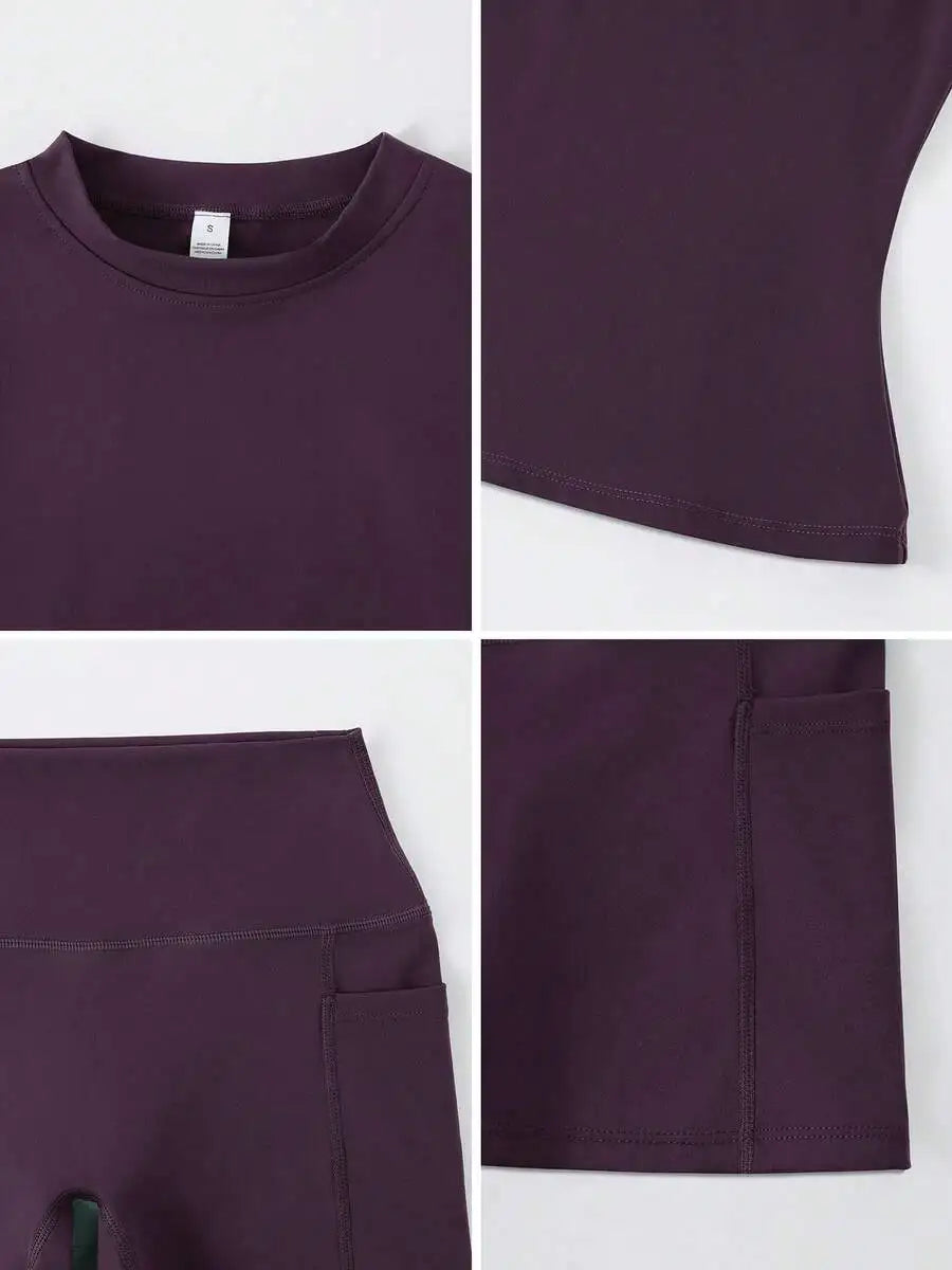Women Sports Short Sleeve High Waist Tummy Control Shorts Set