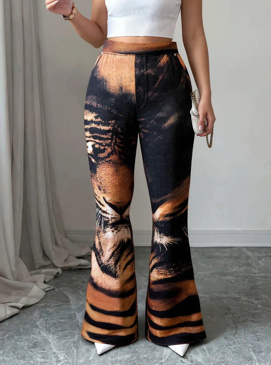 Women's Tiger Print High Waist Stretch Flare Pants
