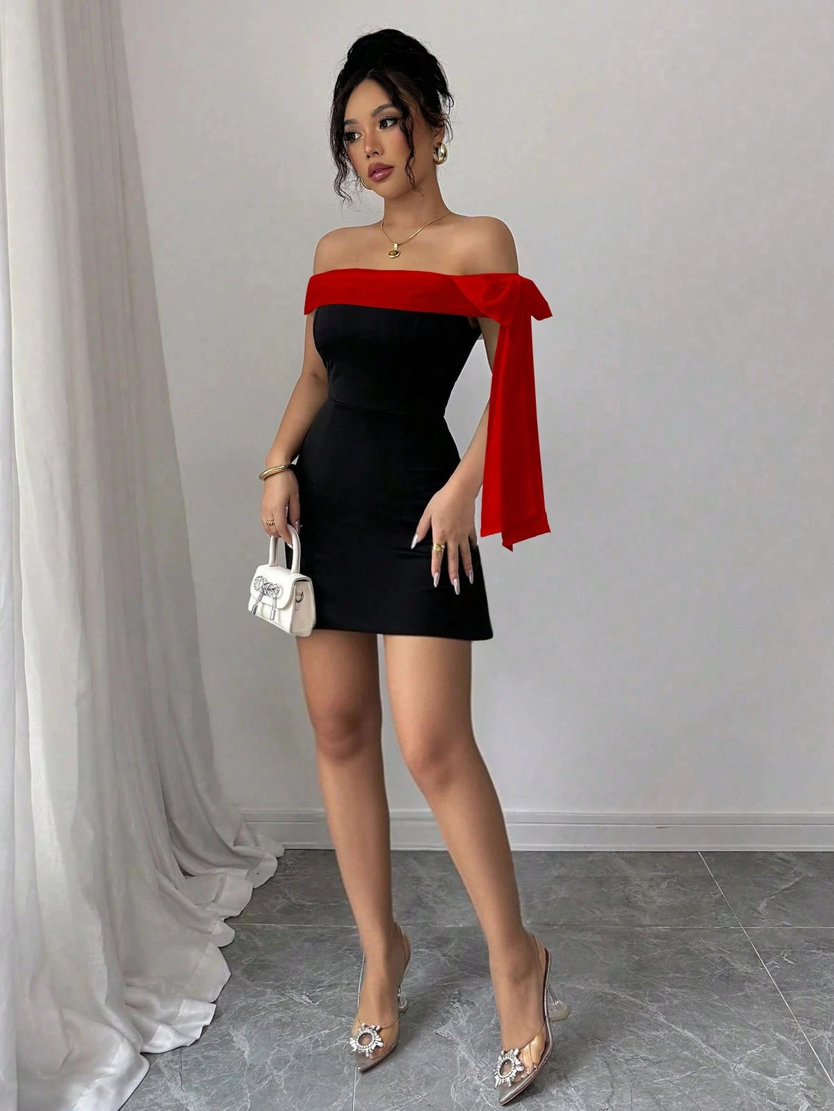 Women's Off Shoulder Bow Lace Slim Fit Party Dress