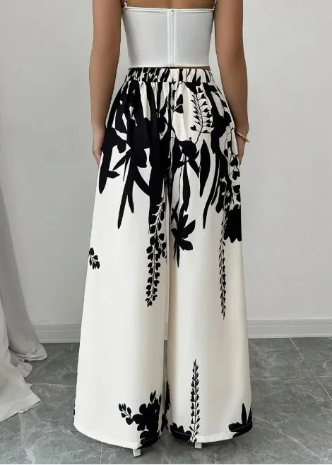 Women Floral Print Wide Leg Palazzo Pants With Elastic Waist