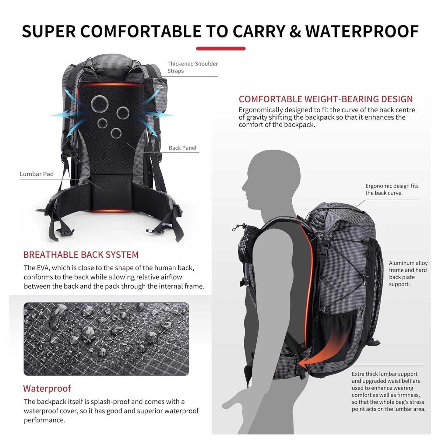 Naturehike Waterproof 60+5L Hiking Backpack With Rain Cover