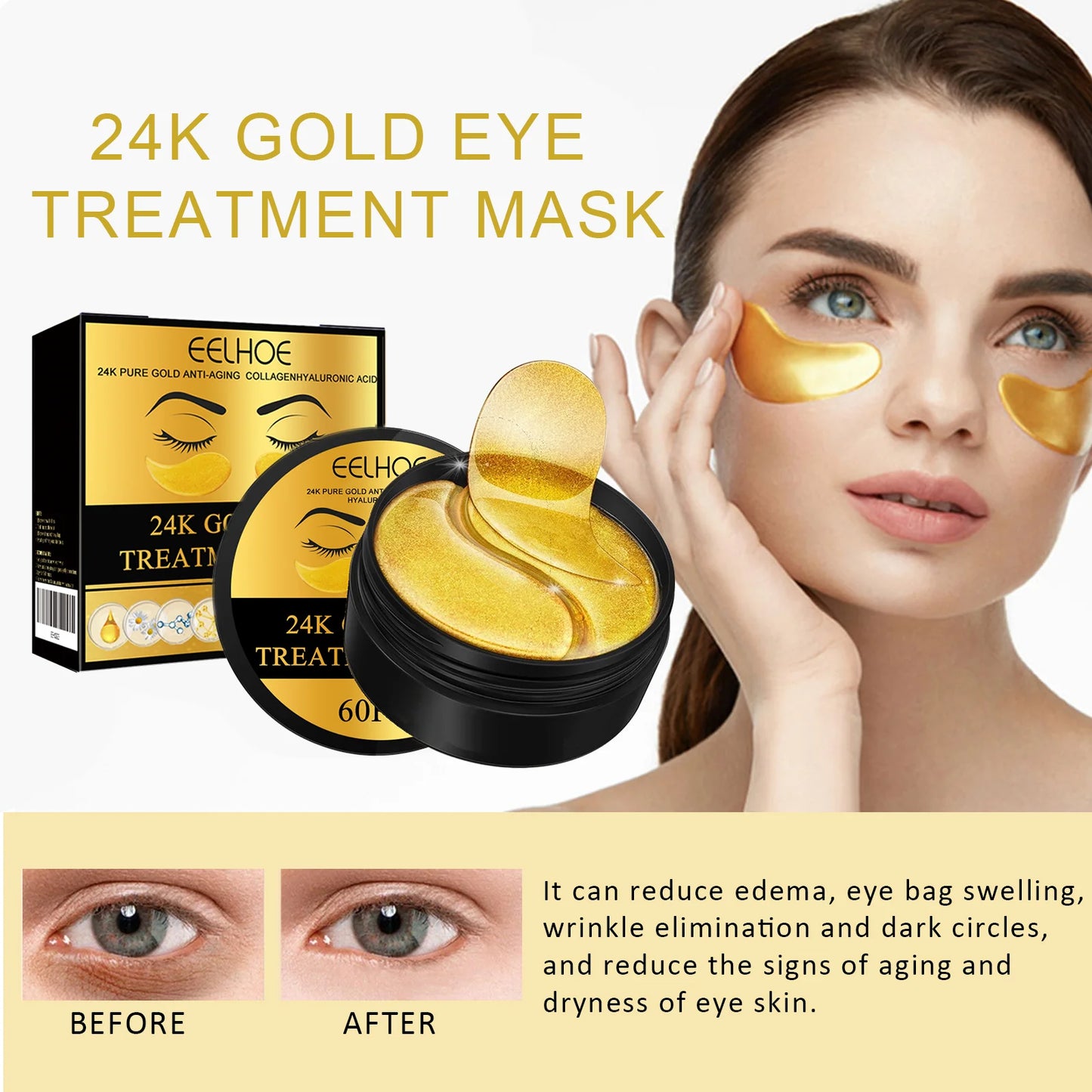 Eelhoe 24K Gold Under Eye Patches Anti Aging Moisturizing Firming