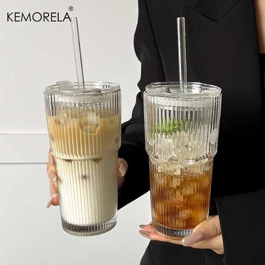 KEMORELA Striped Glass Coffee Cup With Lid For Iced Drinks