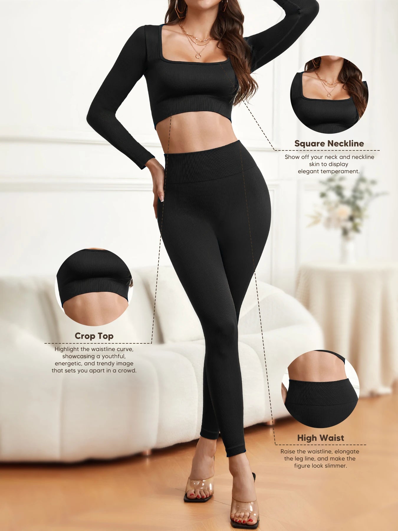 Women 2 Piece Long Sleeve Yoga Outfit High Waist Leggings