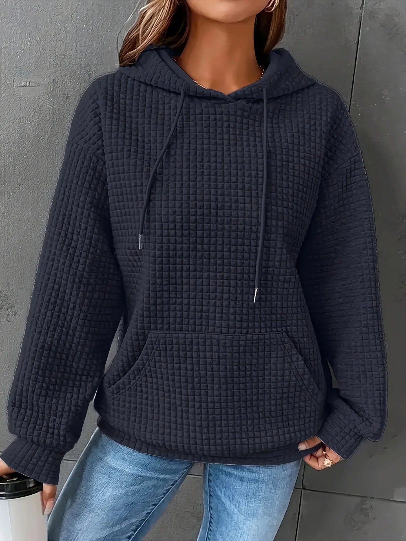 Women Waffle Knit Hoodie Long Sleeve Pullover Sweatshirt Kangaroo Pocket