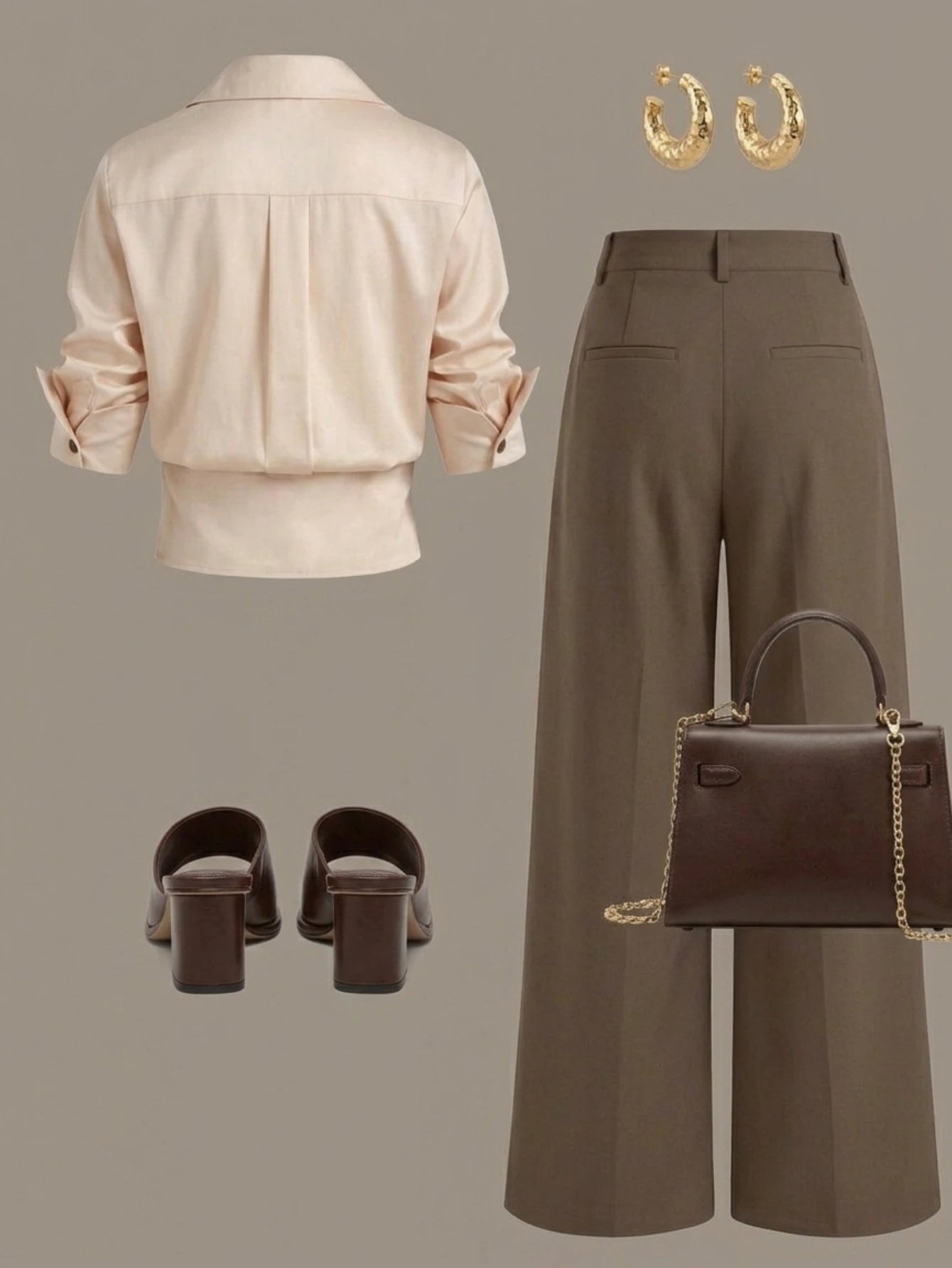 Women Lapel Button Crop Shirt and Wide Leg Trousers Outfit