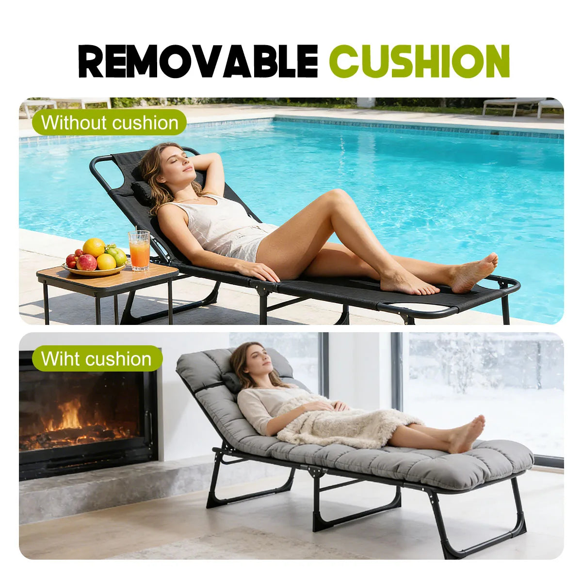 Adjustable Folding Camping Lounge Chair With Removable Soft Cushion