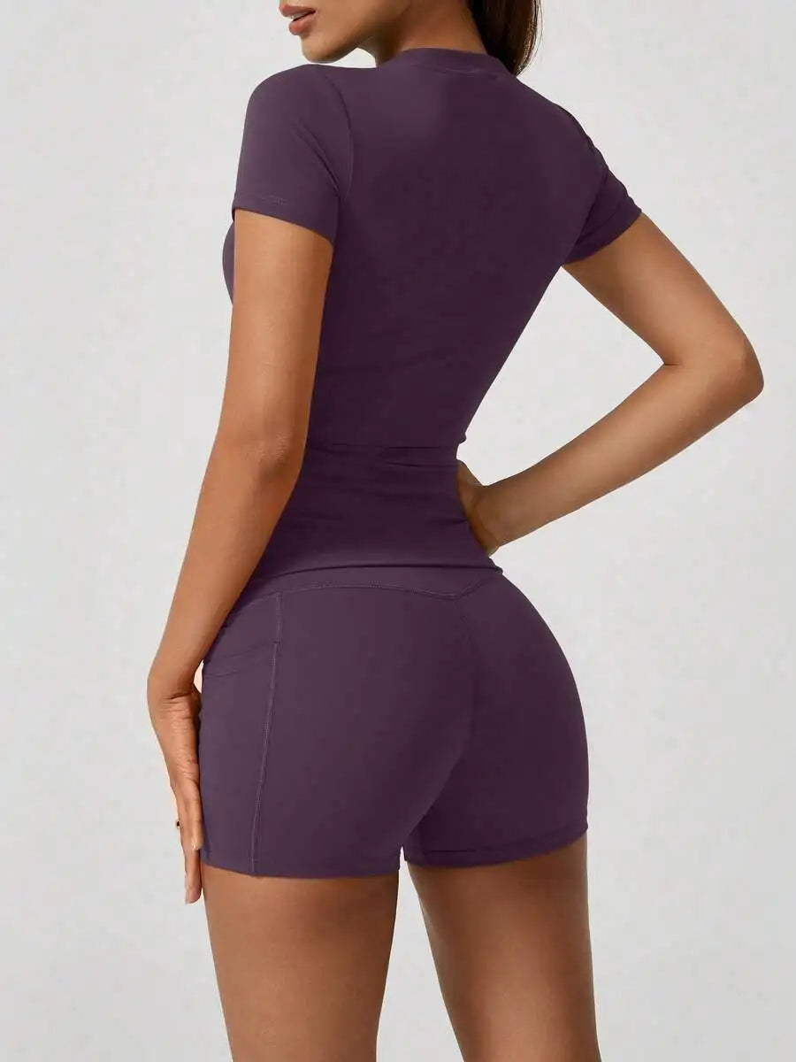 Women Sports Short Sleeve High Waist Tummy Control Shorts Set