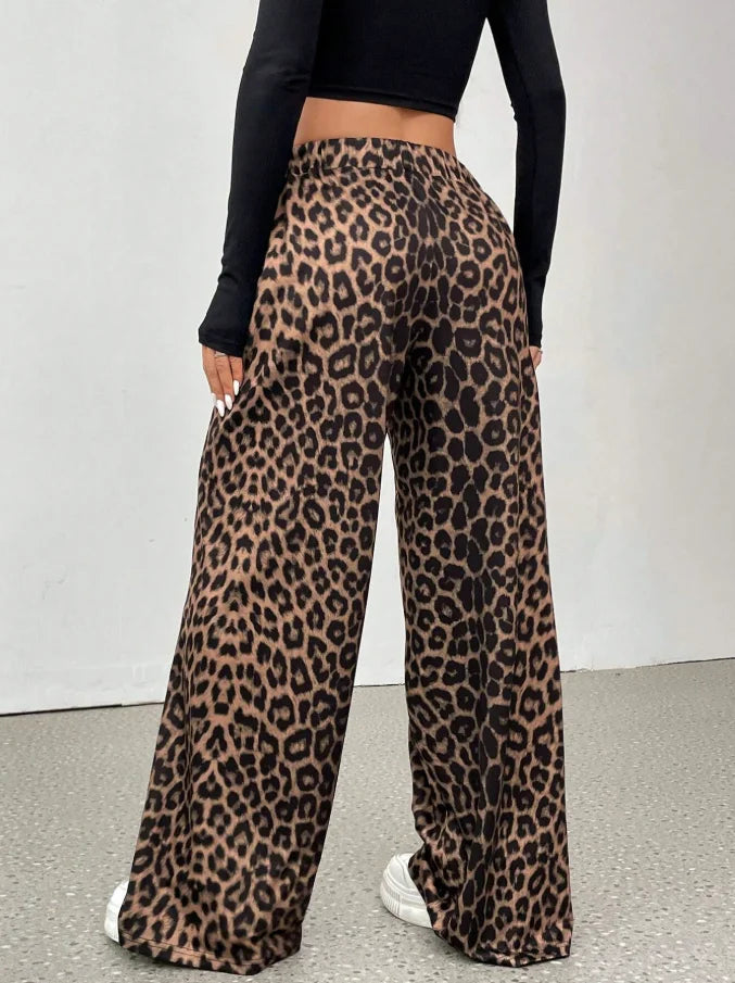 Women Leopard Print High Waist Wide Leg Casual Palazzo Pants