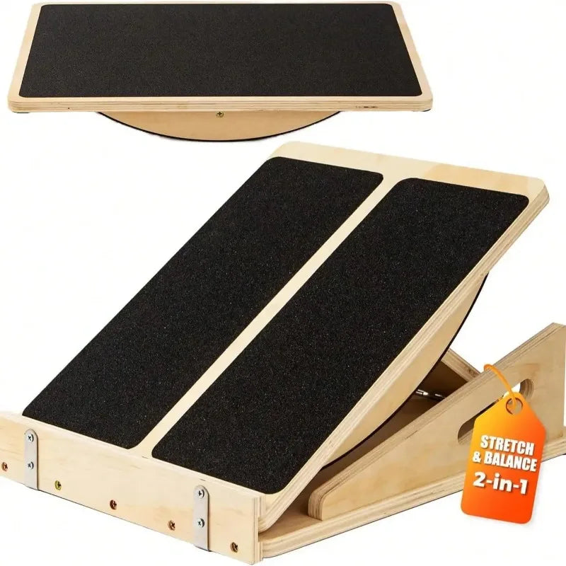 Wooden Balance Board And Adjustable Calf Stretcher For Physical Therapy