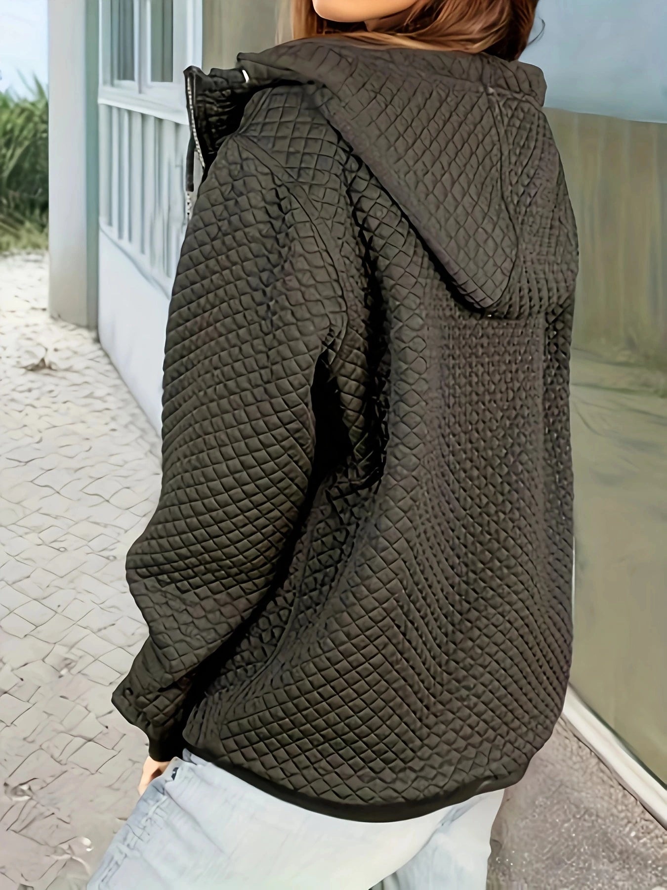 Stylish Quilted Zip Up Jacket Featuring Stand Collar With Pockets
