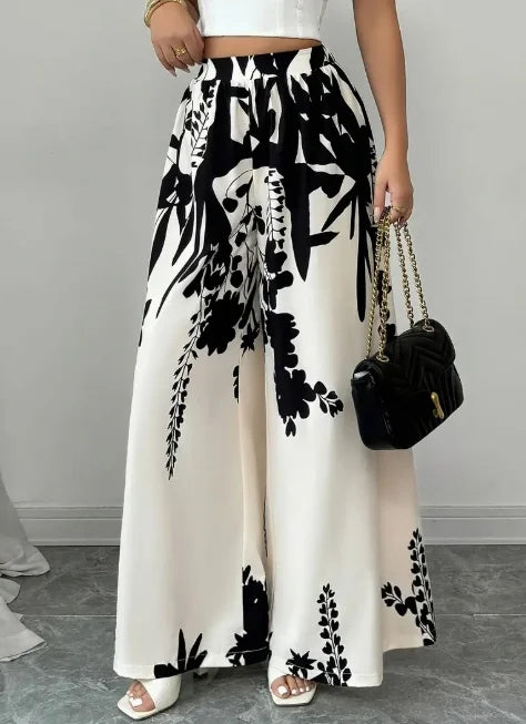Women Floral Print Wide Leg Palazzo Pants With Elastic Waist
