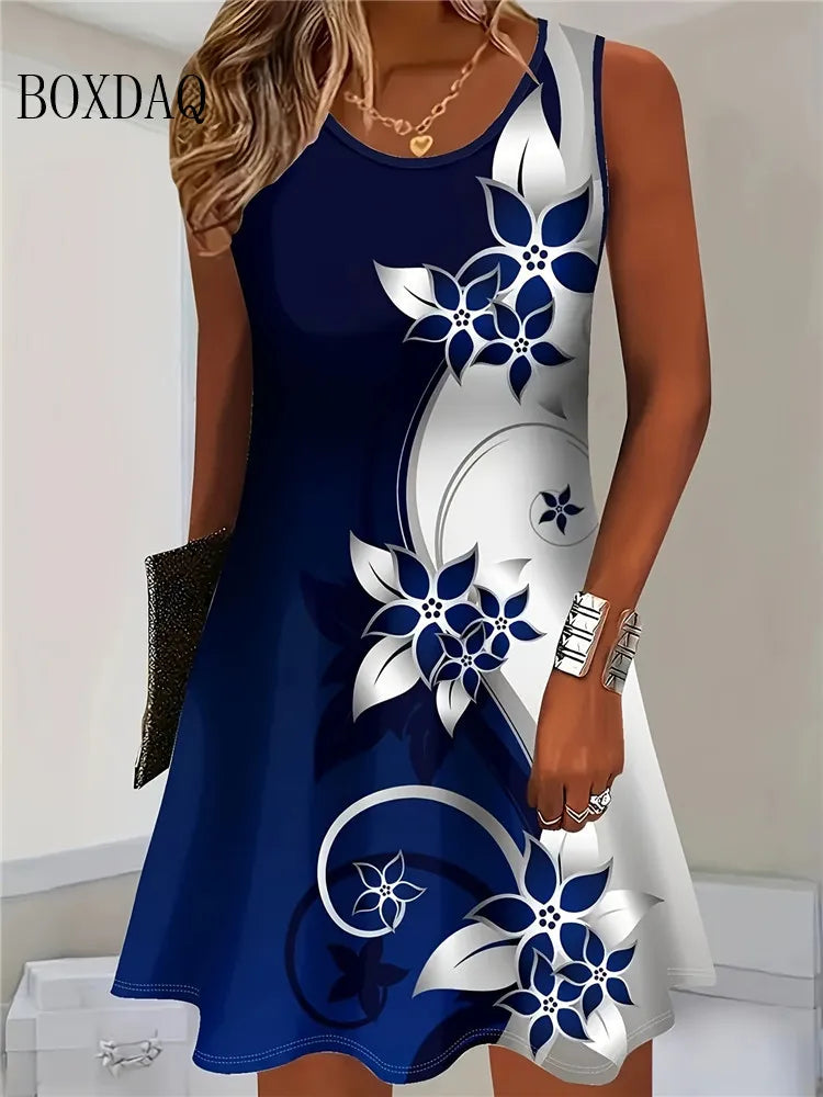 Boxdaq Women Sleeveless Bohemian Floral Print Knit Summer Dress